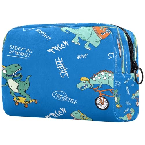 Kosmetiktasche mit Skateboard-Dinosaurier-Muster, für Damen, Reise-Kulturbeutel, groß, Make-up, praktische Tasche mit Reißverschluss, Blau, multi, 18.5x7.5x13cm/7.3x3x5.1in, Kulturbeutel von VAPOKF