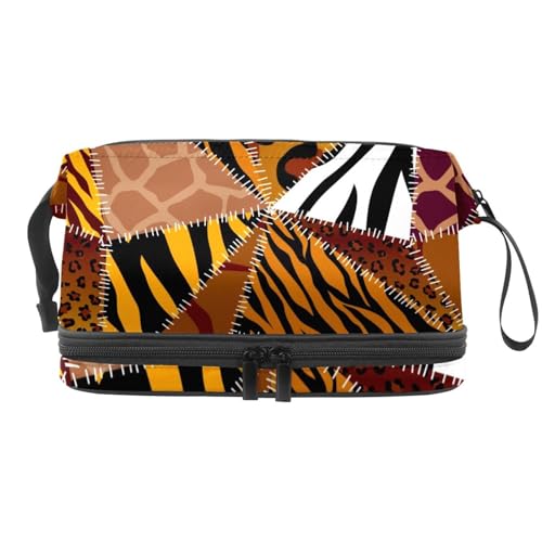 Kosmetiktasche mit Tiertexturen, Patch-Muster, doppellagig, für Damen und Mädchen, Reise-Kulturbeutel, Make-up, praktische Tasche, Organizer-Tasche mit Pinselfach, multi, 27x15x14 cm/10.6x5.9x5.5 in, von VAPOKF
