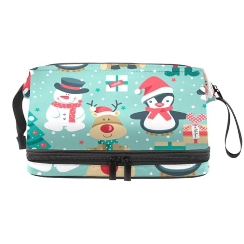 Kosmetiktasche mit Weihnachts-Pinguin, Schneemann, Weihnachtsmann, Hirsch und Geschenkbox, doppellagig, Kosmetiktasche für Frauen und Mädchen, Reise-Kulturbeutel, Make-up, praktische Tasche, von VAPOKF