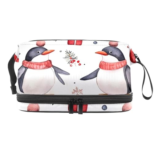 Kosmetiktasche mit Weihnachts-Pinguin und Geschenken, doppellagig, für Damen und Mädchen, Reise-Kulturbeutel, Make-up, praktische Tasche, Organizer-Tasche mit Pinselfach, multi, 27x15x14 von VAPOKF