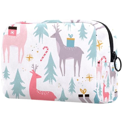 Kosmetiktasche mit Weihnachts-Rentier und Geschenken, Tannenbäume, für Damen, Reise-Kulturbeutel, groß, Make-up, praktische Tasche, Organizer-Tasche mit Reißverschluss, multi, von VAPOKF