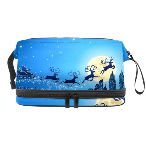 Kosmetiktasche mit Weihnachtsmann-Schlitten, Himmel über der Stadt, Weihnachten, Winterlandschaft, doppellagig, für Damen und Mädchen, Reise-Kulturbeutel, Make-up, praktische Tasche, Organizer mit von VAPOKF