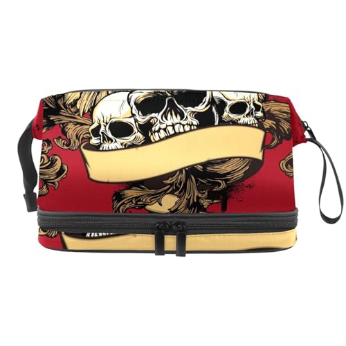 Kosmetiktasche mit drei Totenköpfen und Flügeln auf Grunge, doppellagig, für Damen und Mädchen, Reise-Kulturbeutel, Make-up, praktische Tasche, Organizer-Tasche mit Pinselfach, multi, 27x15x14 Kosmetiktasche mit drei Totenköpfen und Flügeln auf Grunge, doppellagig, für Damen und Mädchen, Reise-Kulturbeutel, Make-up, praktische Tasche, Organizer-Tasche mit Pinselfach, multi, 27x15x14 von VAPOKF