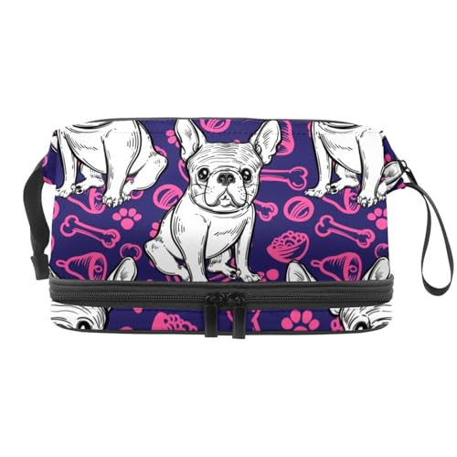 Kosmetiktasche mit französischer Bulldogge und rosa Schale, Spielzeug, doppellagig, für Damen und Mädchen, Reise-Kulturbeutel, Make-up, praktische Tasche, Organizer-Tasche mit Pinselfach, multi, von VAPOKF