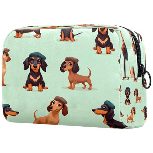Kosmetiktasche mit niedlichem Dackel in Baskenmützen für Damen, Reise-Kulturbeutel, groß, Make-up, praktische Tasche, Organizer-Tasche mit Reißverschluss, multi, 18.5x7.5x13cm/7.3x3x5.1in von VAPOKF