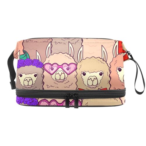 Lama in Sonnenbrille rote Krawatte Schleife Doppellagige Kosmetiktasche für Damen und Mädchen, Reise-Kulturbeutel, Make-up, praktische Tasche, Organizer-Tasche mit Pinselfach, multi, 27x15x14 von VAPOKF