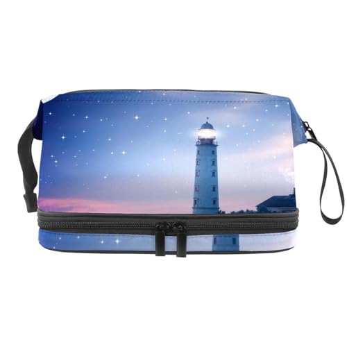 Lighthhouse at Starry Night with Moon Double Layer Cosmetic Bag for Women and Girls Travel Toiletry Bag Makeup Handy Pouch Organizer Bag with Brush Compartment, multi, 27x15x14 cm/10.6x5.9x5.5 in, von VAPOKF
