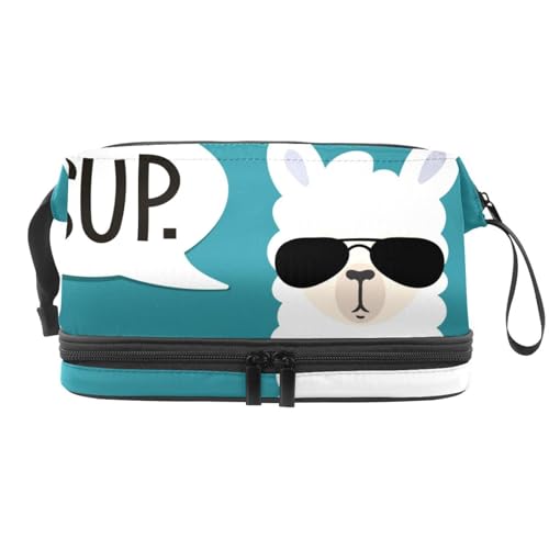 Llama schwarze Sonnenbrille SUP Doppellagige Kosmetiktasche für Damen und Mädchen, Reise-Kulturbeutel, Make-up, praktische Tasche, Organizer-Tasche mit Pinselfach, multi, 27x15x14 cm/10.6x5.9x5.5 in, von VAPOKF