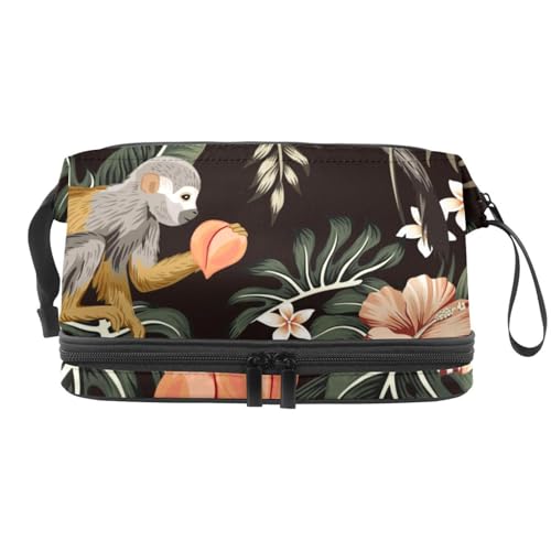 Monkey Holds Peach on Hibiscus Palm Leave Jungle Double Layer Cosmetic Bag for Women and Girls, Travel Toiletry Bag Makeup Practical Pouch Organizer Bag with Brush Compartment, multi, 27x15x14 von VAPOKF