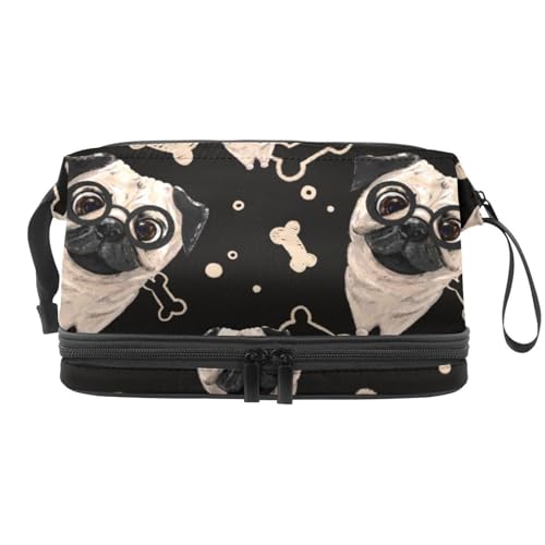 Mops in schwarzer Brille mit Knochen, doppellagige Kosmetiktasche für Frauen und Mädchen, Reise-Kulturbeutel, Make-up, praktische Tasche, Organizer-Tasche mit Pinselfach, multi, 27x15x14 von VAPOKF