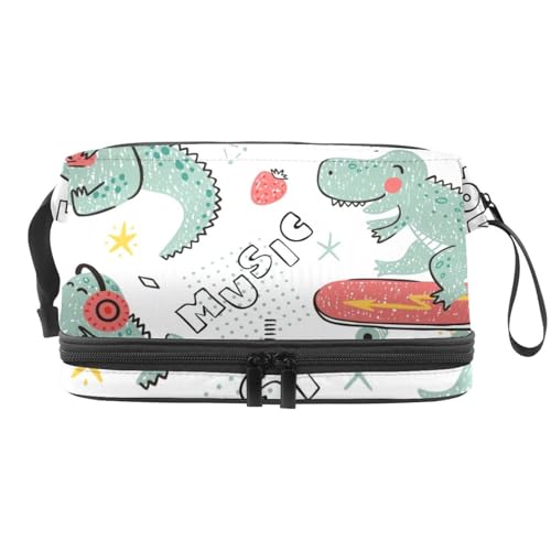 Musikliebhaber, Dinosaurier-Skateboard, Dino-Muster, doppellagig, Kosmetiktasche für Damen und Mädchen, Reise-Kulturbeutel, Make-up, praktische Tasche, Organizer-Tasche mit Pinselfach, multi, 27x15x14 von VAPOKF