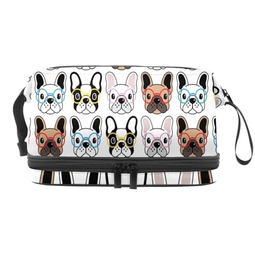 Nahtlose Kosmetiktasche mit bunten Brille, französische Bulldogge, doppellagig, für Damen und Mädchen, Reise-Kulturbeutel, Make-up, praktische Tasche, Organizer-Tasche mit Pinselfach, multi, 27x15x14 von VAPOKF