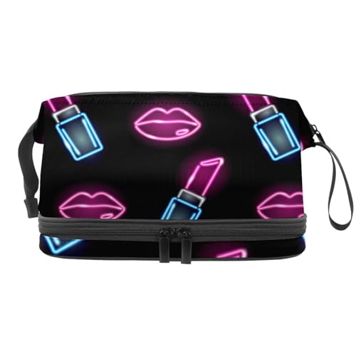 Neon Icons of Lipstick Doppellagige Kosmetiktasche für Frauen und Mädchen, Reise-Kulturbeutel, Make-up, praktische Tasche, Organizer Tasche mit Pinselfach, multi, 27x15x14 cm/10.6x5.9x5.5 in, von VAPOKF