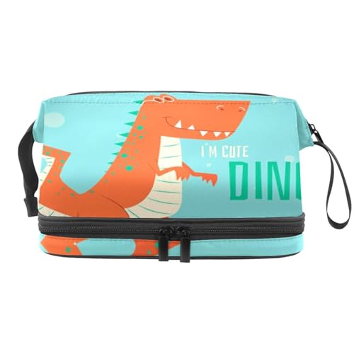 Niedliche Dinosaurier-Doppelschicht-Kosmetiktasche für Frauen und Mädchen, Reise-Kulturbeutel, Make-up, praktische Tasche, Organizer-Tasche mit Pinselfach, multi, 27x15x14 cm/10.6x5.9x5.5 in, von VAPOKF