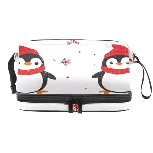 Niedliche Kosmetiktasche mit Weihnachts-Pinguinen, doppellagig, für Damen und Mädchen, Reise-Kulturbeutel, Make-up, praktische Tasche, Organizer-Tasche mit Pinselfach, multi, 27x15x14 cm/10.6x5.9x5.5 von VAPOKF