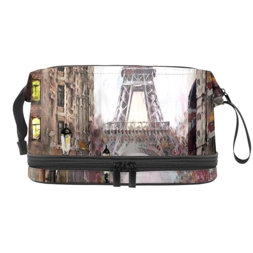 Painting City Street with Youth Double Layer Cosmetic Bag for Women and Girls Travel Toiletry Bag Makeup Handy Pouch Organizer Bag with Brush Compartment, multi, 27x15x14 cm/10.6x5.9x5.5 in, von VAPOKF