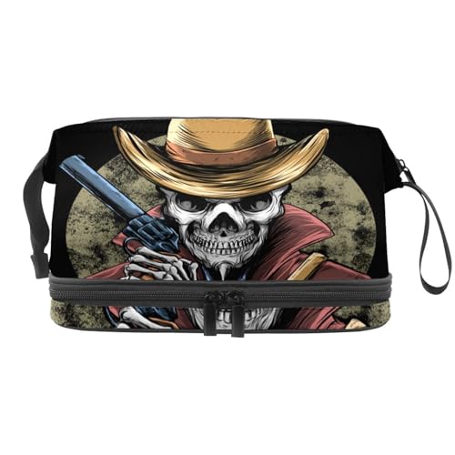 Red Jacket Skul Holds Gun Double Layer Cosmetic Bag for Women and Girls, Travel Toiletry Bag Makeup Practical Pouch Organizer Bag with Brush Compartment, multi, 27x15x14 cm/10.6x5.9x5.5 in, von VAPOKF