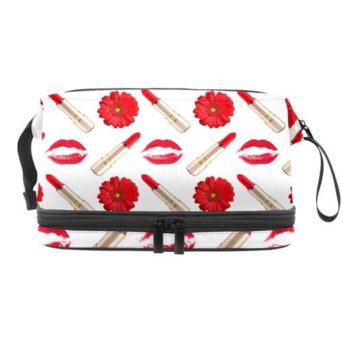 Red Kiss Print Lippenstift Doppellagige Kosmetiktasche für Damen und Mädchen, Reise-Kulturbeutel, Make-up, praktische Tasche, Organizer-Tasche mit Pinselfach, multi, 27x15x14 cm/10.6x5.9x5.5 in, von VAPOKF
