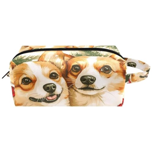 Reise-Kulturbeutel, Kosmetiktasche für Damen, Mikrofaser-Leder, Make-up-Tasche, Organizer mit Reißverschluss, Aquarell-Weihnachts-Korgis, multi, 8.2x3.1x3.5 in/21x8x9 cm, Kulturbeutel von VAPOKF