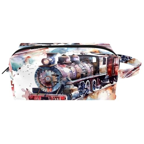 Reise-Kulturbeutel, Kosmetiktasche für Damen, Mikrofaser-Leder, Make-up-Tasche, Organizer mit Reißverschluss, Aquarell-Züge auf der Eisenbahn, multi, 8.2x3.1x3.5 in/21x8x9 cm, Kulturbeutel von VAPOKF