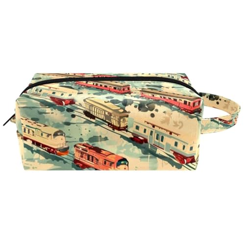 Reise-Kulturbeutel, Kosmetiktasche für Damen, Mikrofaser-Leder, Make-up-Tasche, Organizer mit Reißverschluss, Aquarell-Zug auf der Eisenbahn, multi, 8.2x3.1x3.5 in/21x8x9 cm, Kulturbeutel von VAPOKF