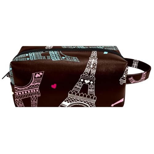Reise-Kulturbeutel, Kosmetiktasche für Damen, Mikrofaser-Leder, Make-up-Tasche, Organizer mit Reißverschluss, Eiffelturm-Muster auf Schwarz, multi, 8.2x3.1x3.5 in/21x8x9 cm, Kulturbeutel von VAPOKF