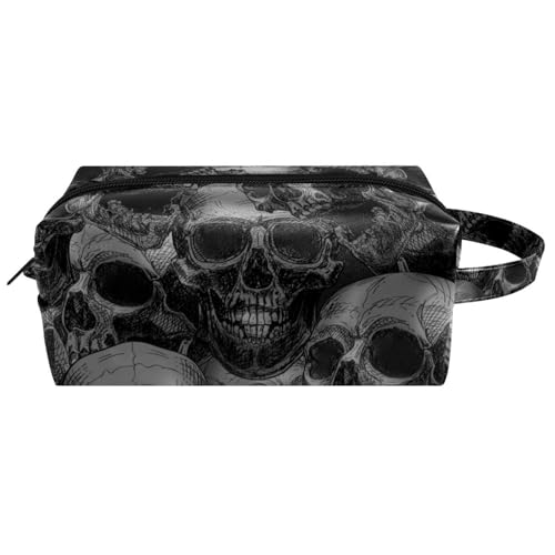 Reise-Kulturbeutel, Kosmetiktasche für Damen, Mikrofaser-Leder, Make-up-Tasche, Organizer mit Reißverschluss, Grunge-Grunge-Grunge, gruselige Halloween-Totenköpfe, multi, 8.2x3.1x3.5 in/21x8x9 cm, von VAPOKF
