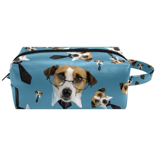 Reise-Kulturbeutel, Kosmetiktasche für Damen, Mikrofaser-Leder, Make-up-Tasche, Organizer mit Reißverschluss, Jack Russell Terrier mit Brille und schwarzer Krawatte, multi, 8.2x3.1x3.5 in/21x8x9 cm, von VAPOKF