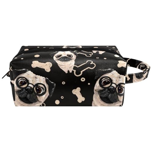 Reise-Kulturbeutel, Kosmetiktasche für Damen, Mikrofaser-Leder, Make-up-Tasche, Organizer mit Reißverschluss, Mops in schwarzer Brille mit Knochen, multi, 8.2x3.1x3.5 in/21x8x9 cm, Kulturbeutel von VAPOKF