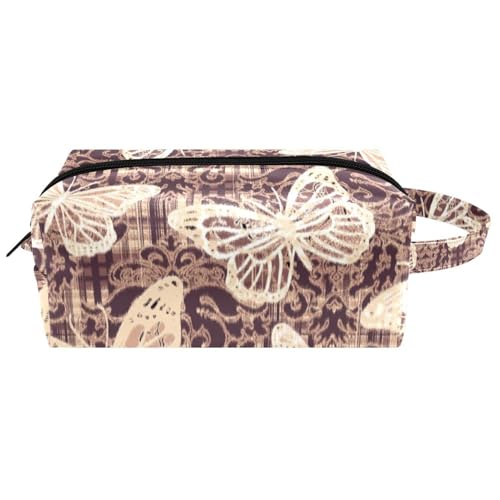 Reise-Kulturbeutel, Kosmetiktasche für Damen, Mikrofaser-Leder, Make-up-Tasche, Organizer mit Reißverschluss, Schmetterling auf Damast-Muster, multi, 8.2x3.1x3.5 in/21x8x9 cm, Kulturbeutel von VAPOKF