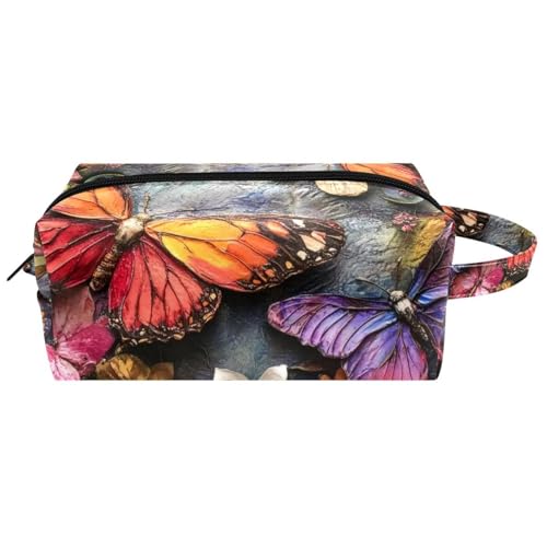 Reise-Kulturbeutel, Kosmetiktasche für Damen, Mikrofaser-Leder, Make-up-Tasche, Organizer mit Reißverschluss, Schmetterling und Wildblumen, multi, 8.2x3.1x3.5 in/21x8x9 cm, Kulturbeutel von VAPOKF