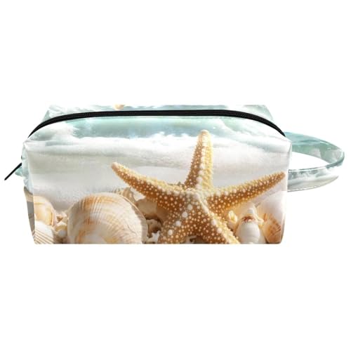 Reise-Kulturbeutel, Kosmetiktasche für Damen, Mikrofaser-Leder, Make-up-Tasche, Organizer mit Reißverschluss, Seesternmuscheln auf Strandsand, multi, 8.2x3.1x3.5 in/21x8x9 cm, Kulturbeutel von VAPOKF