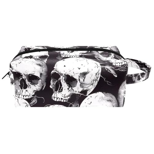 Reise-Kulturbeutel, Kosmetiktasche für Damen, Mikrofaser-Leder, Make-up-Tasche, Organizer mit Reißverschluss, Totenkopf-Netz auf dunkel, multi, 8.2x3.1x3.5 in/21x8x9 cm, Kulturbeutel von VAPOKF