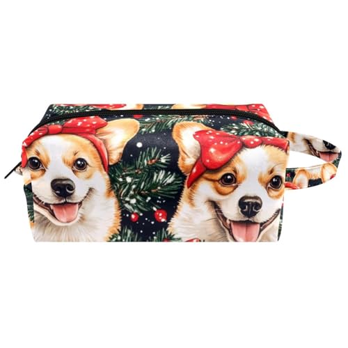 Reise-Kulturbeutel, Kosmetiktasche für Damen, Mikrofaser-Leder, Make-up-Tasche, Organizer mit Reißverschluss, Weihnachts-Korgi mit rotem Haarband, multi, 8.2x3.1x3.5 in/21x8x9 cm, Kulturbeutel von VAPOKF