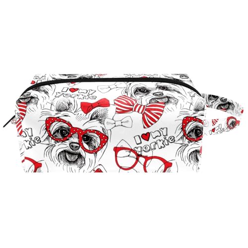 Reise-Kulturbeutel, Kosmetiktasche für Damen, Mikrofaser-Leder, Make-up-Tasche, Organizer mit Reißverschluss, Yorkshire Terrier mit roter Schleife, Brille, multi, 8.2x3.1x3.5 in/21x8x9 cm, von VAPOKF