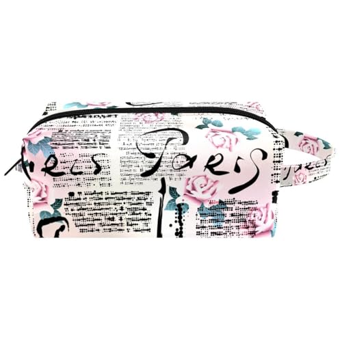 Reise-Kulturbeutel, Kosmetiktasche für Damen, Mikrofaser-Leder, Make-up-Tasche, Organizer mit Reißverschluss, Zeitung Paris mit Rosen, multi, 8.2x3.1x3.5 in/21x8x9 cm, Kulturbeutel von VAPOKF