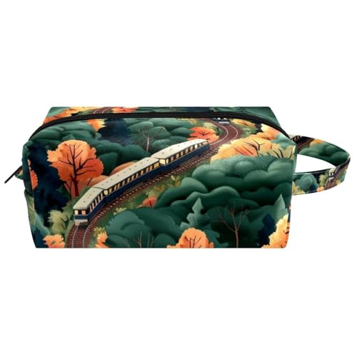 Reise-Kulturbeutel, Kosmetiktasche für Damen, Mikrofaser-Leder, Make-up-Tasche, Organizer mit Reißverschluss, Zug auf der Eisenbahn mit üppigem Baum, multi, 8.2x3.1x3.5 in/21x8x9 cm, Kulturbeutel von VAPOKF