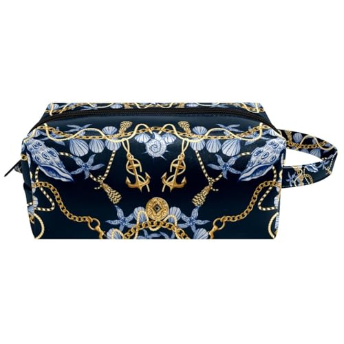 Reise-Kulturbeutel, Kosmetiktasche für Damen, Mikrofaser-Leder, Make-up-Tasche, Organizer mit Reißverschluss, goldene Ketten mit Ankern, blaue Muschel, multi, 8.2x3.1x3.5 in/21x8x9 cm, Kulturbeutel Reise-Kulturbeutel, Kosmetiktasche für Damen, Mikrofaser-Leder, Make-up-Tasche, Organizer mit Reißverschluss, goldene Ketten mit Ankern, blaue Muschel, multi, 8.2x3.1x3.5 in/21x8x9 cm, Kulturbeutel von VAPOKF
