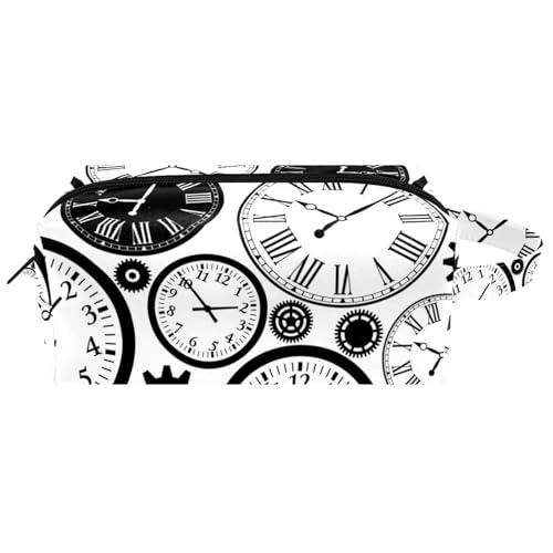 Reise-Kulturbeutel, Kosmetiktasche für Damen, Mikrofaser-Leder, Make-up-Tasche, Organizer mit Reißverschluss, schwarz-weiße Uhren und Zeitschaltuhr, multi, 8.2x3.1x3.5 in/21x8x9 cm, Kulturbeutel von VAPOKF