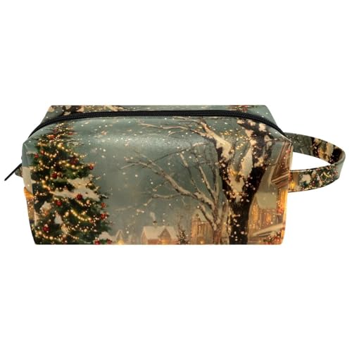 Reise-Kulturbeutel, Kosmetiktasche für Damen, Mikrofaser-Leder, Make-up-Tasche, Organizer mit Reißverschluss, verschneite Straße zu Weihnachten, multi, 8.2x3.1x3.5 in/21x8x9 cm, Kulturbeutel von VAPOKF