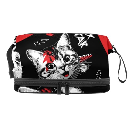 Rock Cat and Dog Play Guitar Double Layer Cosmetic Bag for Women and Girls, Travel Toiletry Bag Makeup Handy Pouch Organizer Bag with Brush Compartment, multi, 27x15x14 cm/10.6x5.9x5.5 in, von VAPOKF