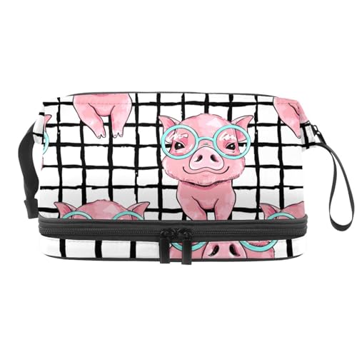 Rosa Schwein mit Brille, doppellagige Kosmetiktasche für Frauen und Mädchen, Reise-Kulturbeutel, Make-up, praktische Tasche, Organizer-Tasche mit Pinselfach, multi, 27x15x14 cm/10.6x5.9x5.5 in, von VAPOKF