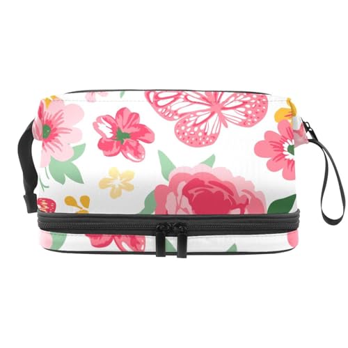 Roses Peonies and Butterflies Double Layer Cosmetic Bag for Women and Girls, Travel Toiletry Bag Makeup Handy Pouch Organizer Bag with Brush Compartment, multi, 27x15x14 cm/10.6x5.9x5.5 in, von VAPOKF