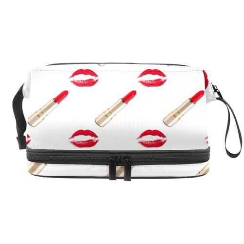 Rote Lippen und Lippenstift Make-up Doppellagige Kosmetiktasche für Frauen und Mädchen, Reise-Kulturbeutel, Make-up, praktische Tasche, Organizer Tasche mit Pinselfach, multi, 27x15x14 cm/10.6x5.9x5.5 von VAPOKF