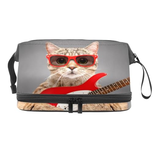 Rote Sonnenbrille Katze spielt Gitarre Doppellagige Kosmetiktasche für Damen und Mädchen, Reise-Kulturbeutel, Make-up, praktische Tasche, Organizer-Tasche mit Pinselfach, multi, 27x15x14 von VAPOKF
