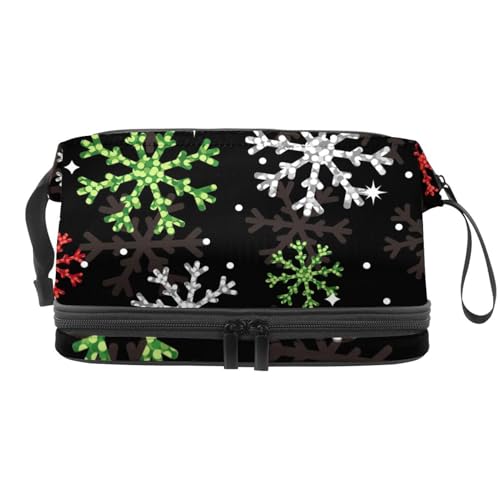 Schöne Weihnachts-Kosmetiktasche mit Schneeflocken-Muster, doppellagig, für Damen und Mädchen, Reise-Kulturbeutel, Make-up, praktische Tasche, Organizer-Tasche mit Pinselfach, multi, 27x15x14 von VAPOKF