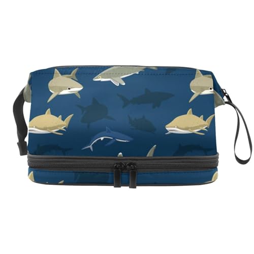 Sharks Under The Ccean Doppelschichtige Kosmetiktasche für Frauen und Mädchen, Reise-Kulturbeutel, Make-up, praktische Tasche, Organizer-Tasche mit Pinselfach, multi, 27x15x14 cm/10.6x5.9x5.5 in, von VAPOKF