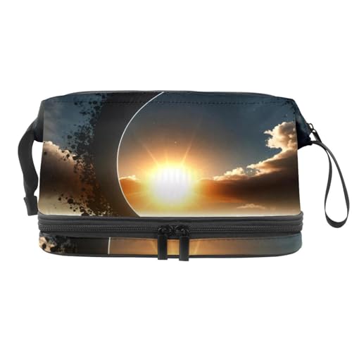 Solar Eclipse Over Mountain Doppelschichtige Kosmetiktasche für Damen und Mädchen, Reise-Kulturbeutel, Make-up, praktische Tasche, Organizer-Tasche mit Pinselfach, multi, 27x15x14 cm/10.6x5.9x5.5 in, von VAPOKF
