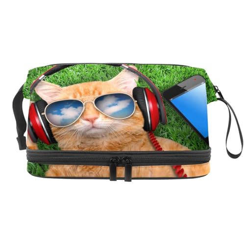 Sonnenbrille Katze trägt Kopfhörer Entspannen Sie sich im Gras liegend Doppellagige Kosmetiktasche für Frauen und Mädchen, Reise-Kulturbeutel, Make-up, praktische Tasche, Organizer-Tasche mit von VAPOKF