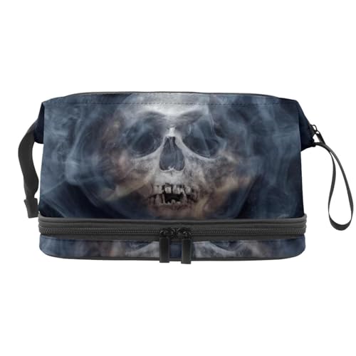 Spooky Skull with Smoke Double Layer Cosmetic Bag for Women and Girls, Travel Toiletry Bag Makeup Handy Pouch Organizer Bag with Brush Compartment, multi, 27x15x14 cm/10.6x5.9x5.5 in, Kulturbeutel von VAPOKF